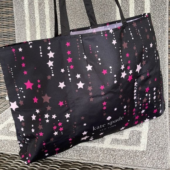 Kate Spade Black Multi Color with Light and Dark Pink Stars Canvas Tote XL - Picture 7 of 16